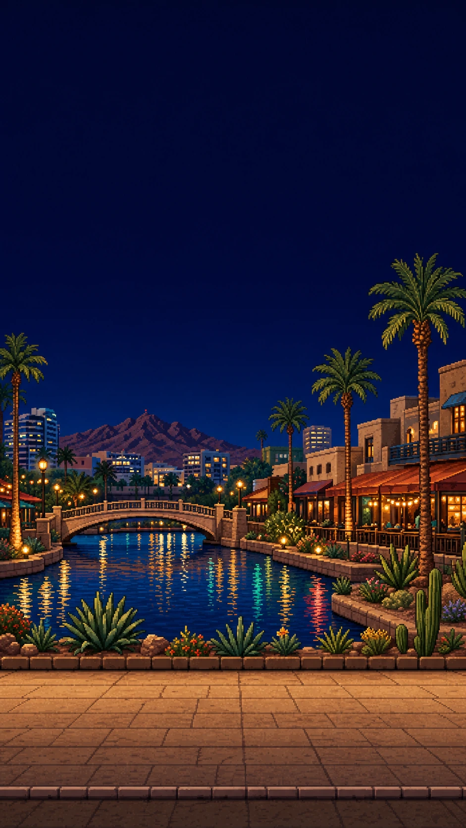 Pixel-art Scottsdale Waterfront and canal at night